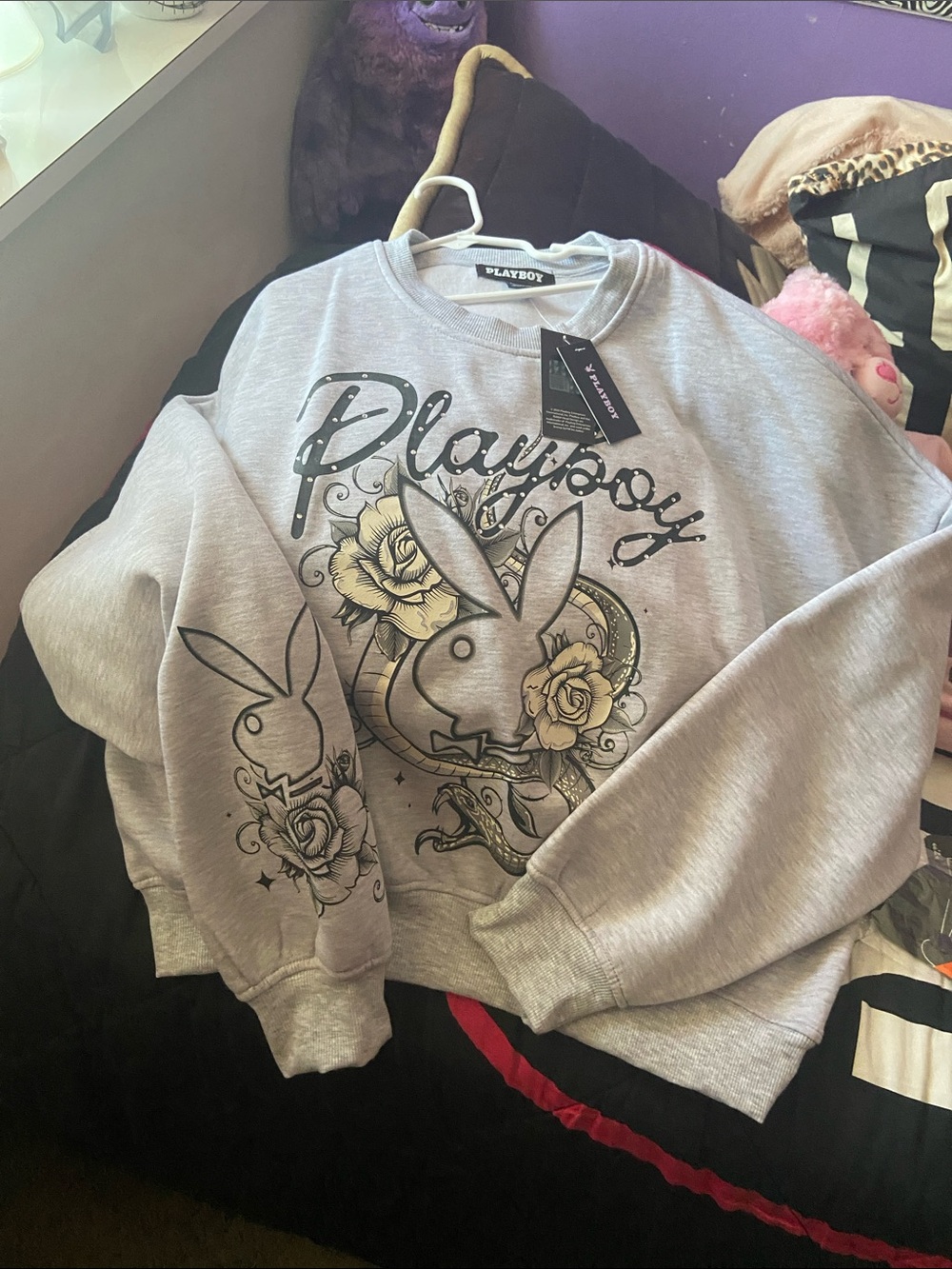 PLAYBOY Gray Sweatshirt with Bunny Graphic and Yellow Rose Accents